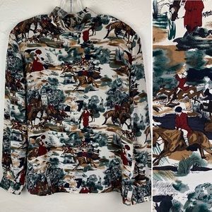 Vintage Silk Horse Equestrian Art Mockneck Blouse